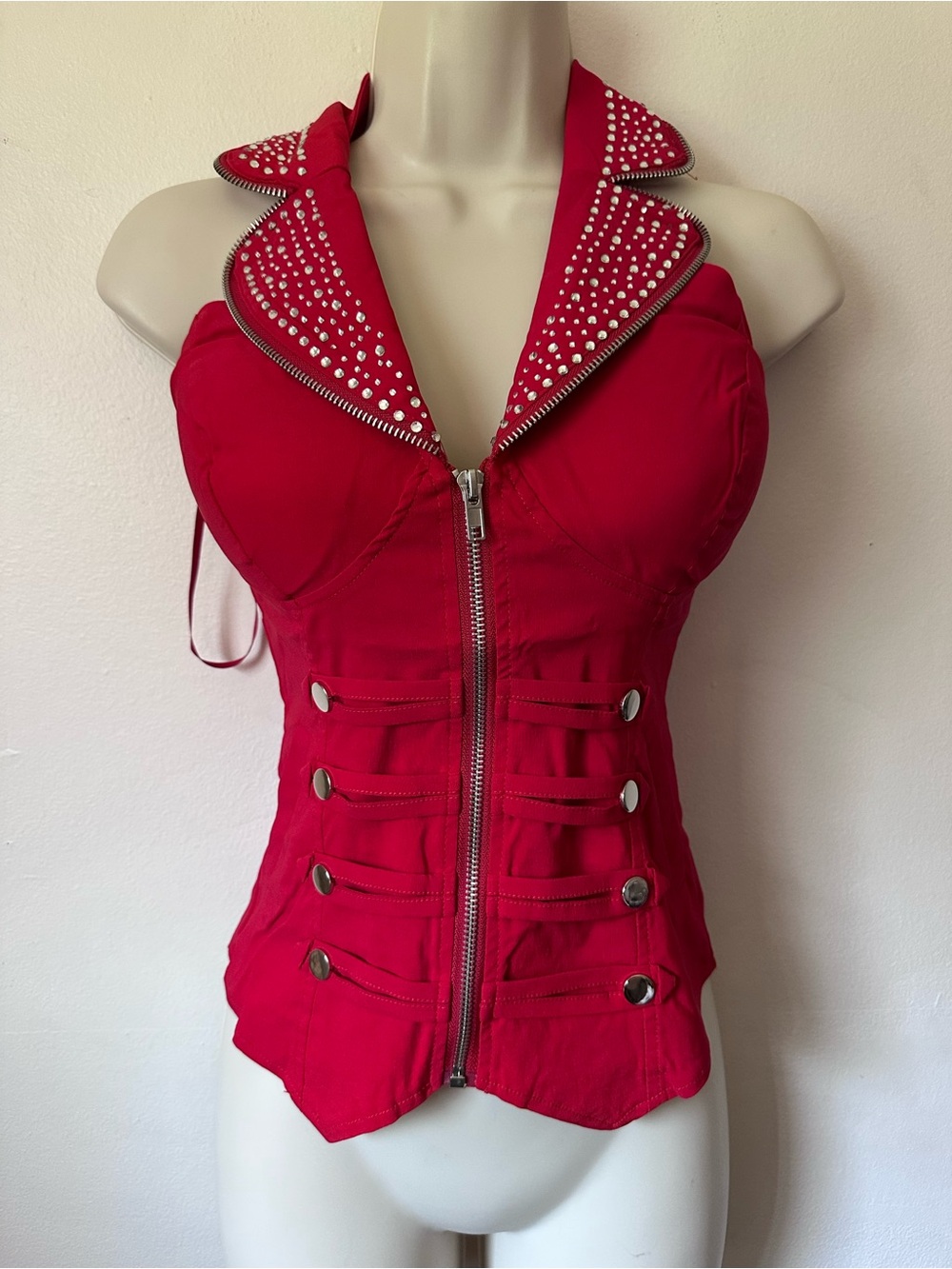 Red Studded Zip-Front Halter Top